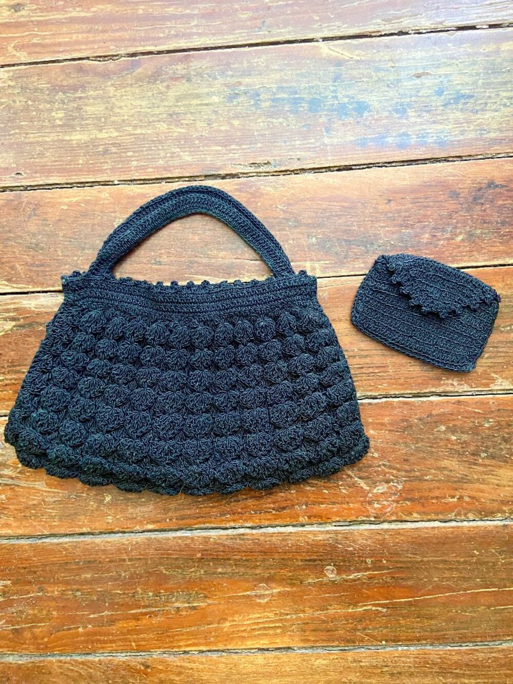 Vintage Black Crochet Puff Stitch Handbag 1940s 1950s Evening Purse Coin Pouch
